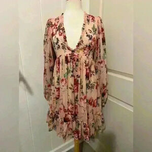 By Timo Pink Floral Long Sleeve Mini Dress Small‎ Made in India Coquette Fairy